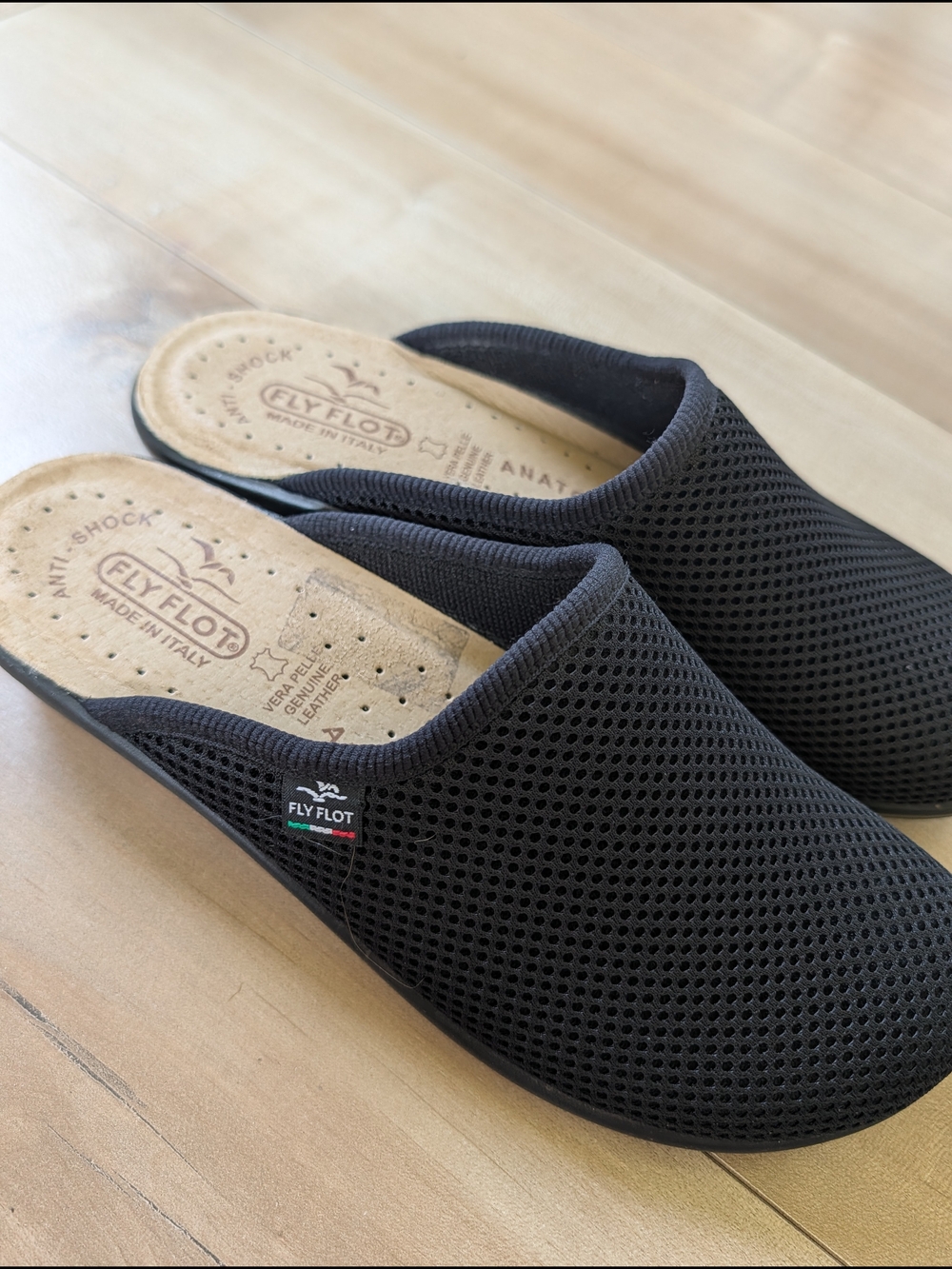 Fly Flot Italy Mesh Comfort Clogs Slippers Black Leather Footbed EU 39 Approx